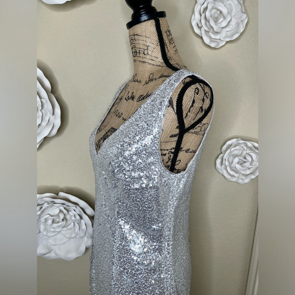 Kate Kasin Silver Sequined Sleeveless V Neck Cocktail Dress Size Large - Picture 7 of 16